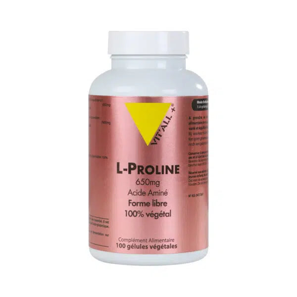 L-Proline 650 mg -  Production de collagène et la régénération des tissus.